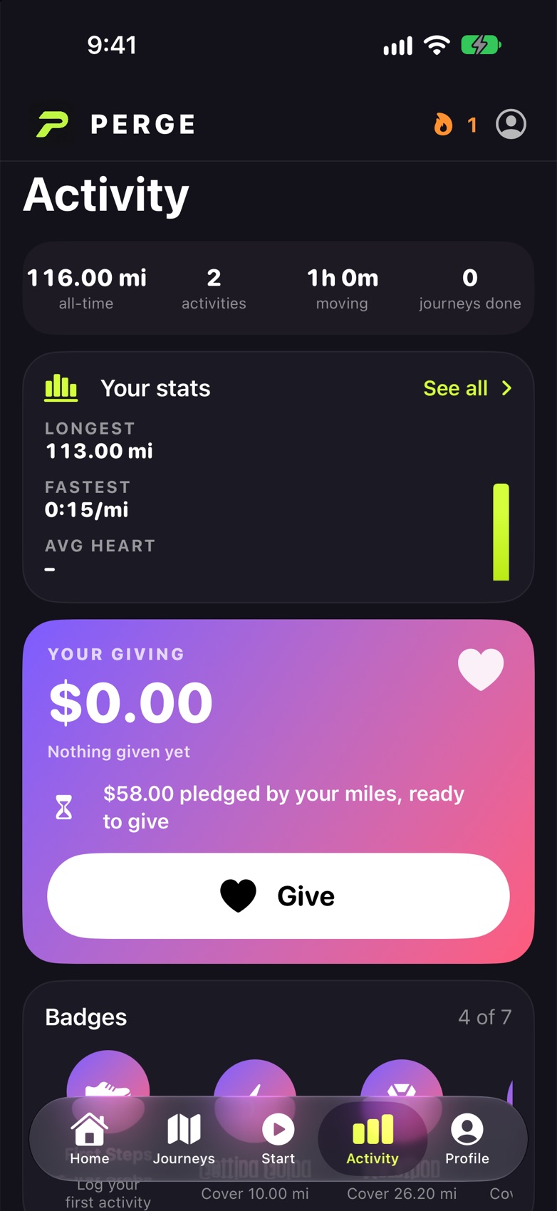 Activity with your stats, giving and badges