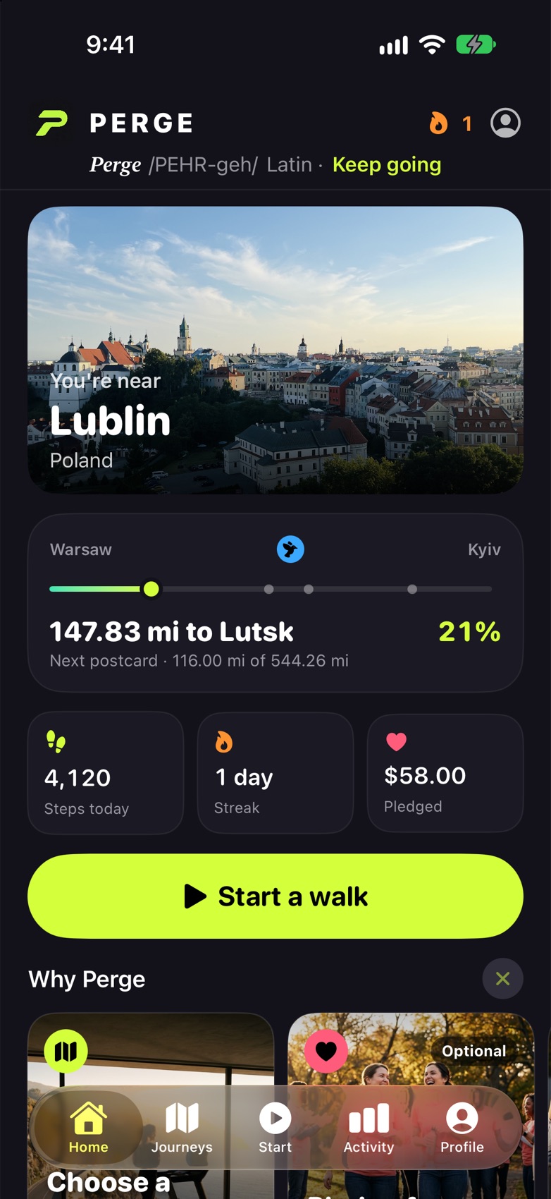 Perge home screen: you're near Lublin, Poland, 21% of the way from Warsaw to Kyiv