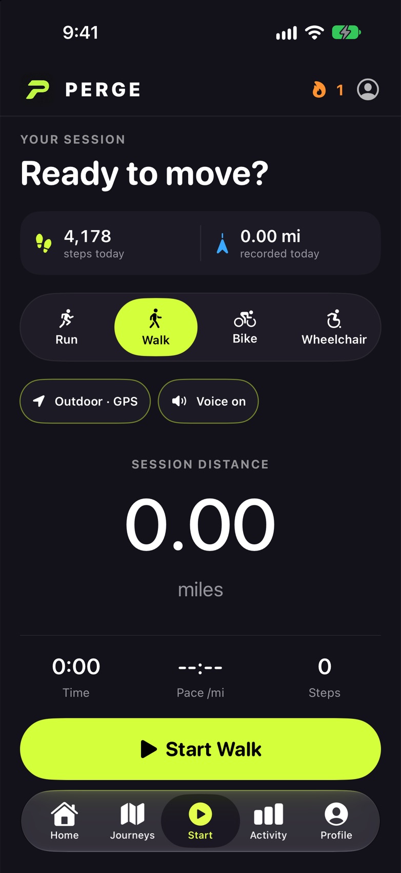 Perge start screen: choose run, walk, bike or wheelchair and start a session